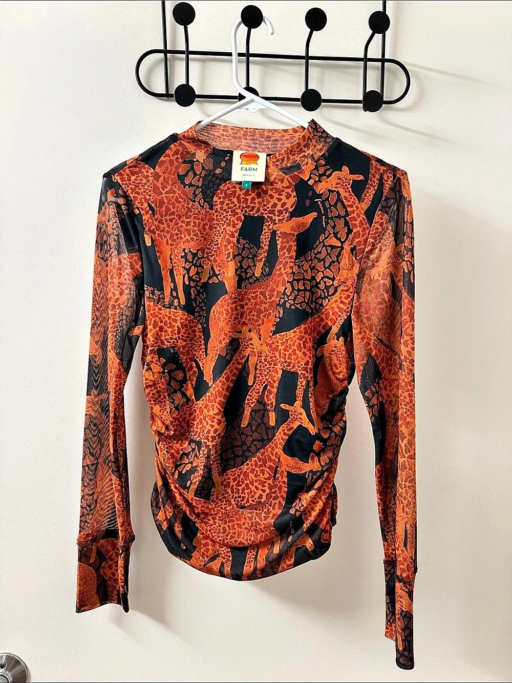 Anthropologie Farm Rio Animal Print Long Sleeve Top in Orange & Black Size Small